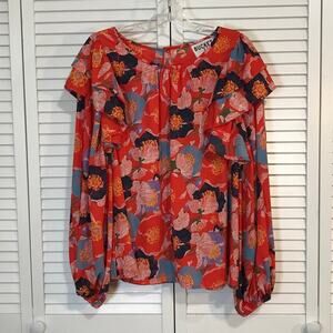 Bucket List Red Multicolor Floral Ruffled Scoop Neck Long Sleeve Women Blouse
